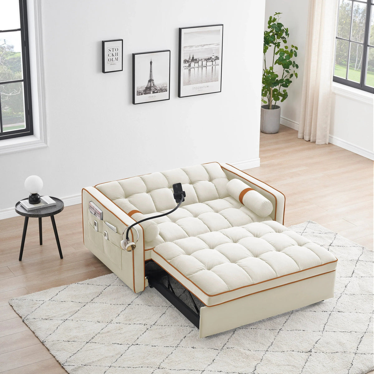 Velvet Convertible 55 2-Seater Sleeper Sofa with Pull-Out Bed, Adjustable Recline, Side Pockets, and Phone Holder