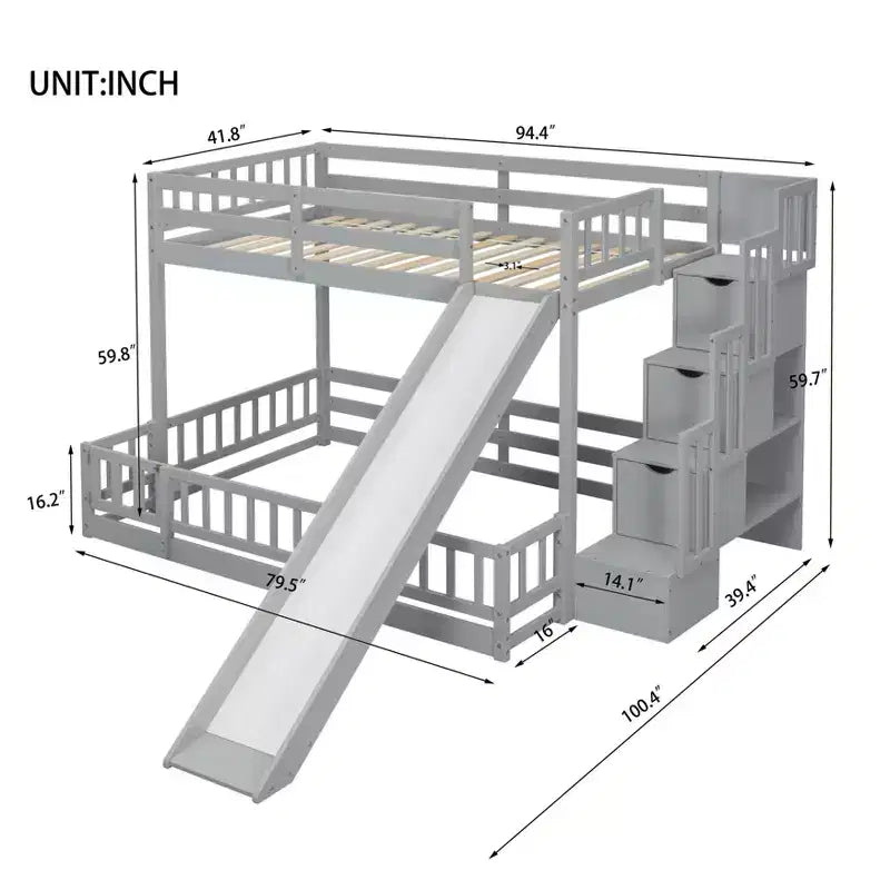 Twin over Full Bunk Bed with Slide, Storage Staircase, Safety Guardrails and Solid Pine Wood Frame, White/Grey