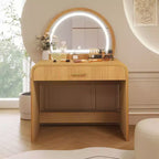 Makeup Vanity Table with Large Mirror and Touch Screen, Vanity Desk with Large Drawer and Arched Corner, Dressing Table for Bedroom