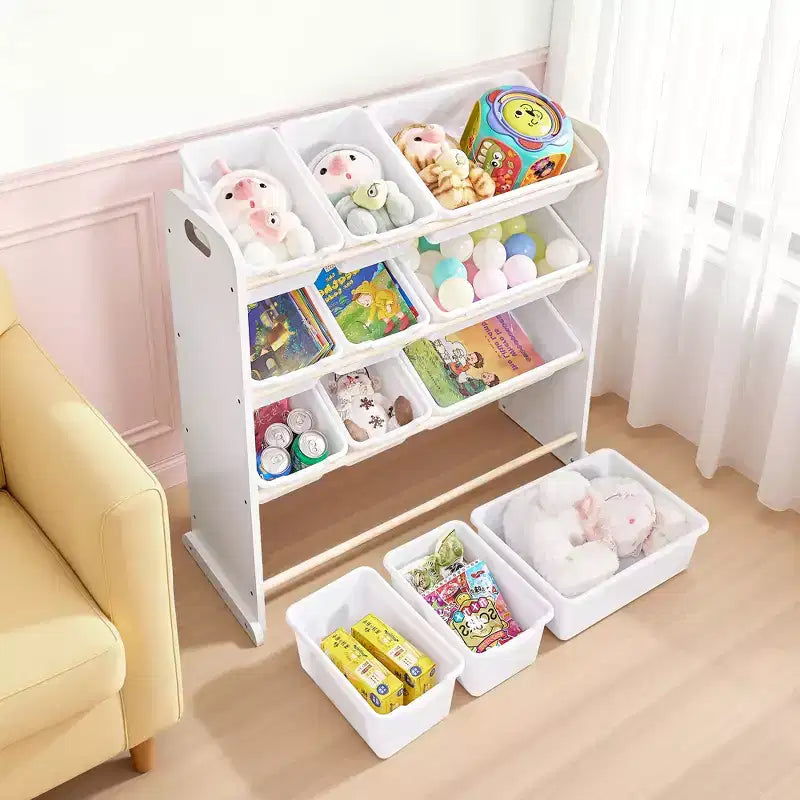 VECELO Kids Bookshelf Toy Storage with 12 Bins, Wooden Toy Rack for Toddlers, Large-Capacity Playroom Storage for Books or Toys