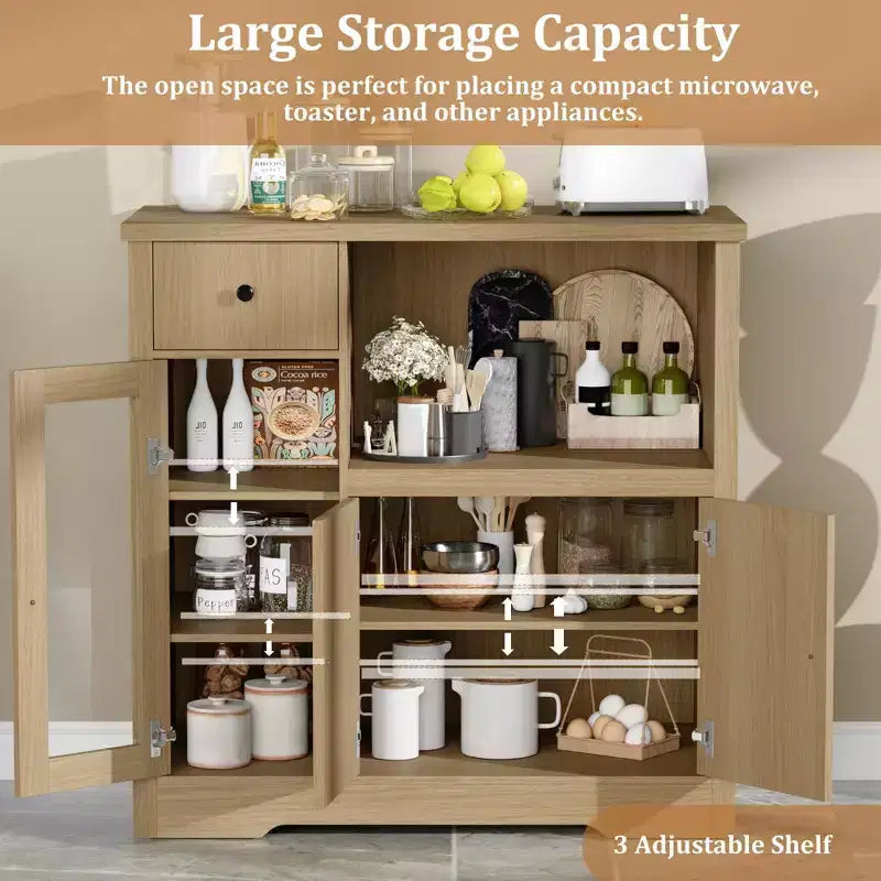 White & Walnut Kitchen Microwave Cabinet - 3-Door Pantry Storage Buffet with Adjustable Shelves for Dining Room, Living Room & Hallway
