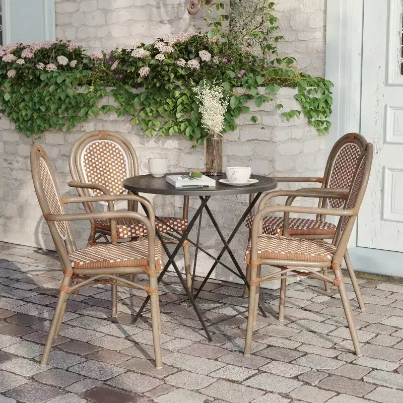 Flash Furniture 4 Pack Lourdes Indoor/Outdoor Commercial Thonet Bistro Stacking Chair with Arms, PE Rattan and Aluminum Frame