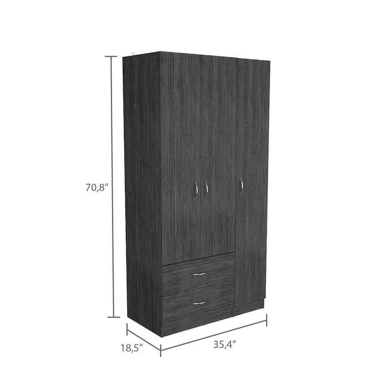 FM Furniture Eureka 3 Door Armoire with 2 Drawers, Inner Shelves, and Rod