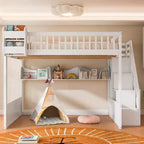 Queen Loft Bed Frame with Staircase, Wardrobe & Storage Shelves - MDF, 650 lb
