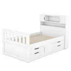 Twin/Full Size Captain Platform Bed with 4 Drawers and Storage Shelves, Solid Wood Bed Frame with Storage Bookcase Headboard