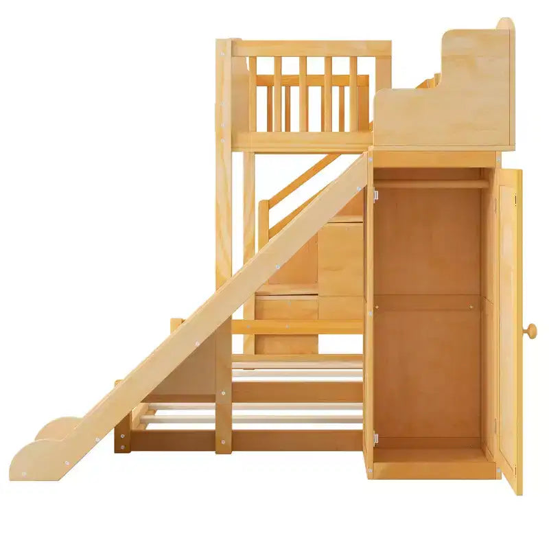 Twin over Full Bunk Bed with Slide, Shelves, Storage Staircase and Wardrobe for Kids Room