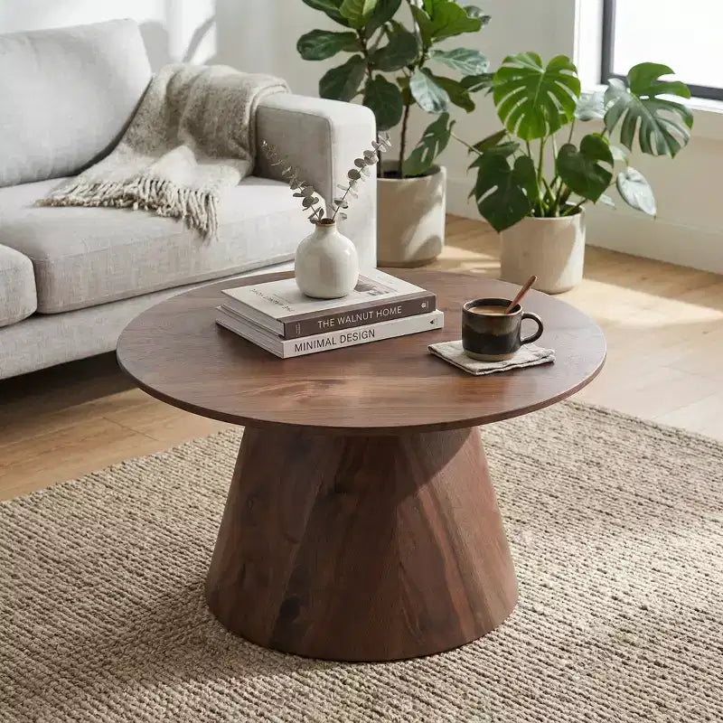 Walnut Wood Grain MDF Round Coffee Table, 23.6 Diameter, 13.7 Height