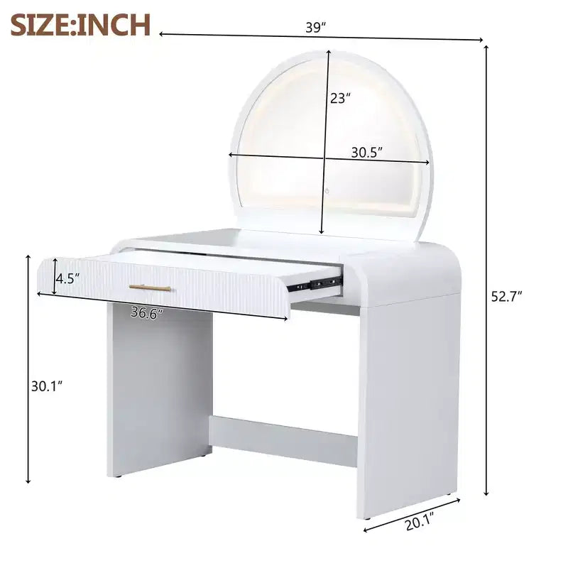 Makeup Vanity Table with Large Mirror and Touch Screen, Vanity Desk with Large Drawer and Arched Corner, Dressing Table for Bedroom
