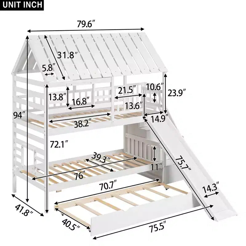 Whisen Twin over Twin House Bunk Bed with Trundle and Slide, Storage Staircase, Roof and Window Design