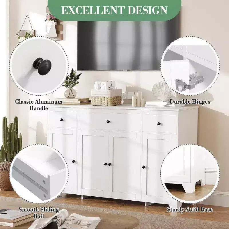 55 Sideboard Buffet Cabinet with 3 Drawers & 4 Doors, Adjustable Shelf Kitchen Storage Console for Dining Room Living Room