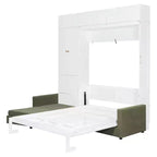 Queen Size Murphy Bed with Sofa and Cabinet, Wooden Queen Cabinet Bed Wall Bed with Shelves, Folding Wall Chest Bed for Guest Room Office