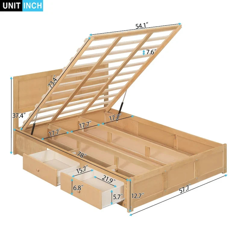 Wood Platform Bed with Underneath Storage and 2 Drawers
