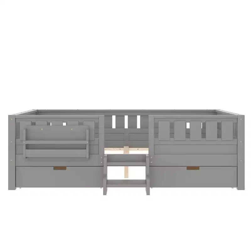 Bellemave Queen Size Toddler Bed with 14 Safety Guardrails, Space-saving Bed Frame with Built-in Bookshelves & 2 Under-Bed Storage Drawers