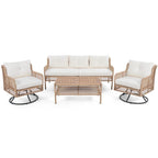 4-Pieces Outdoor Rattan Conversation Sofa Set with Swivel Chairs and Coffee Table