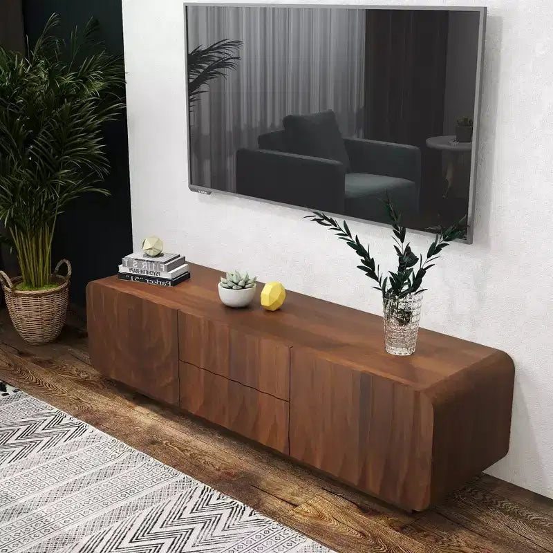 JVNOXK 58-inch TV Stand, Mid-Century Spiral Wave Design, with Storage Cabinet and Two Drawers, Suitable for Living Room or Bedroom, Walnut