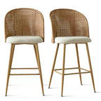 Set of 2 Natural Rattan Bar Stools, 29 Bar Height Boho Upholstered High Chairs with Woven Back - Panipeachy