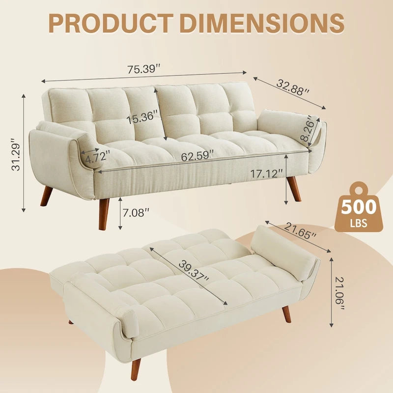 75.39 INCH Futon Sofa Bed, Convertible Folding Futon Couch Recliner Lounge For Living Room With 2 Pillow/Armrest