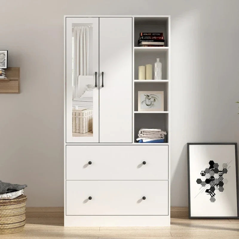 Wardrobe Clo Armoire wi/Mirror & Scalable Hanging Rod Space Saving