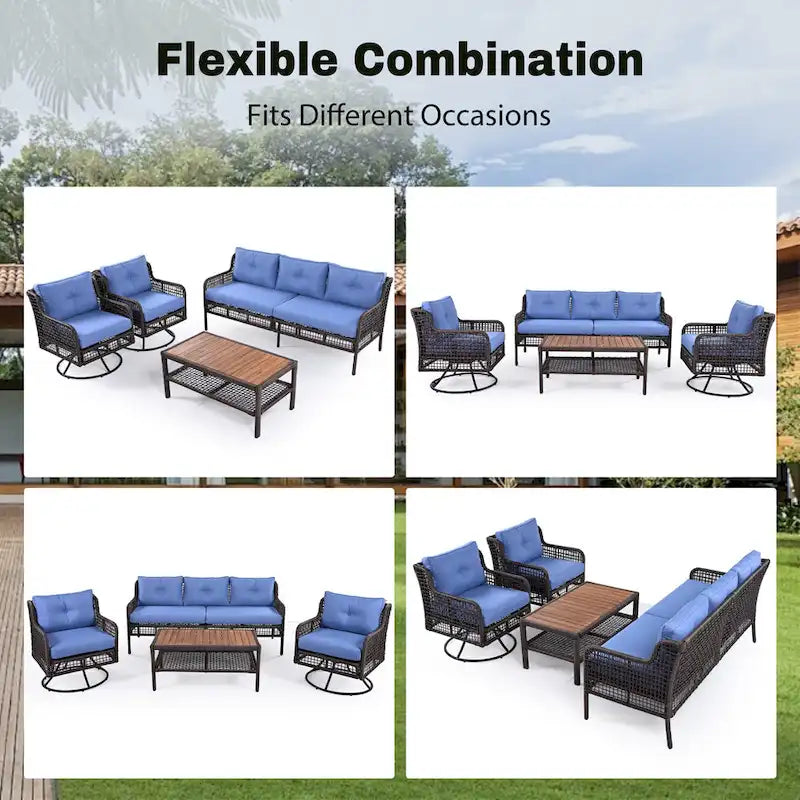 4-Pieces Outdoor Rattan Conversation Sofa Set with Swivel Chairs and Coffee Table