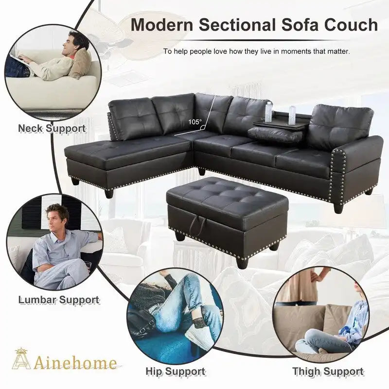 Modern 3-Piece Black Faux & Synthetic Leather Sofa Set: Sleek Style for Living Rooms