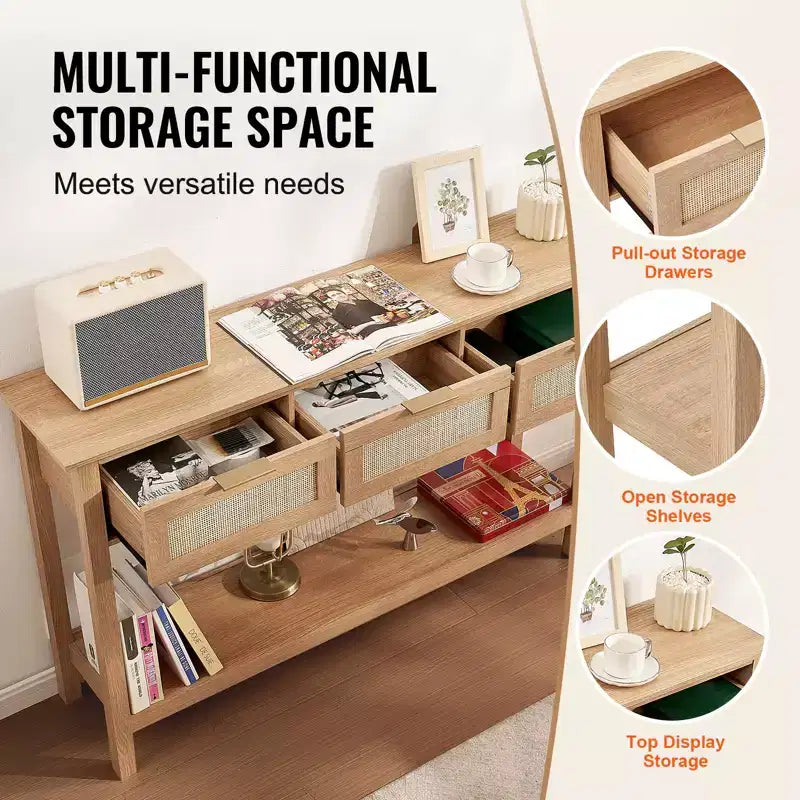 VEVOR Rattan Console Table with 3 Storage Drawers, Rattan Entryway Table with Natural Rattan Sliding Door, Console Sofa Table, Natural