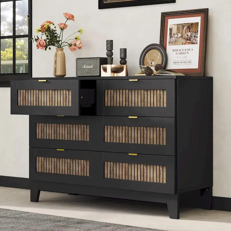 Rustic Farmhouse Style Wooden Dresser with 6 Drawers, Storage Cabinet for Bedroom with Metal Handles