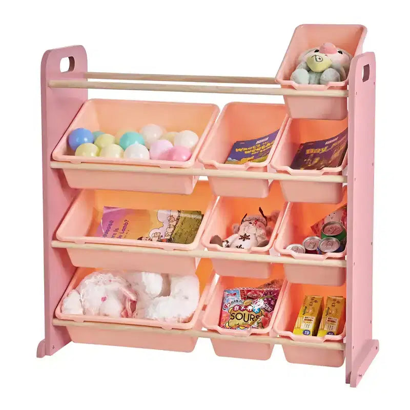 VECELO Kids Bookshelf Toy Storage with 12 Bins, Wooden Toy Rack for Toddlers, Large-Capacity Playroom Storage for Books or Toys