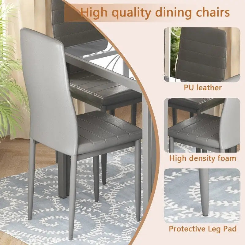 Grondin Modern Style 7-Piece Dining Room Table Set with Tempered Glass Tabletop and 6 PU Leather Upholstered Chairs