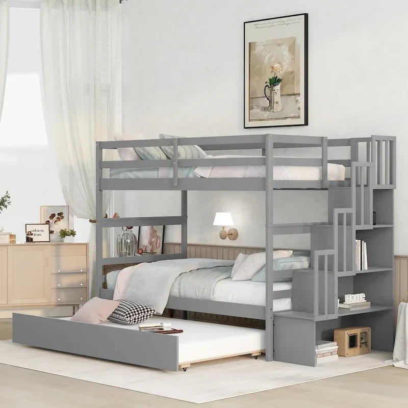 Twin over Twin Bunk Beds With Twin Trundle and Stairway Storage Function in Grey Color