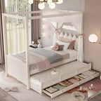 Twin/Full Size Platform Bed with Trundle, Princess Wood Canopy Bed with 3 Drawers, Storage Bed with Upholstered Headboard for Bedroom