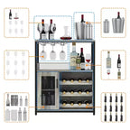 Grey 3-Tier Industrial Wine Bar Cabinet (12+ Bottles)  36H x 24W x 15D, Detachable Rack, 9 Glass Holders & Adjustable Shelves for Home/Bar