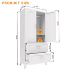 JVNOXK 71 inchTall Metal Wardrobe Cabinet with 2 Drawers and Hanging Rod, 2 Doors Wardrobe Closet with Shelf for Bedroom, White