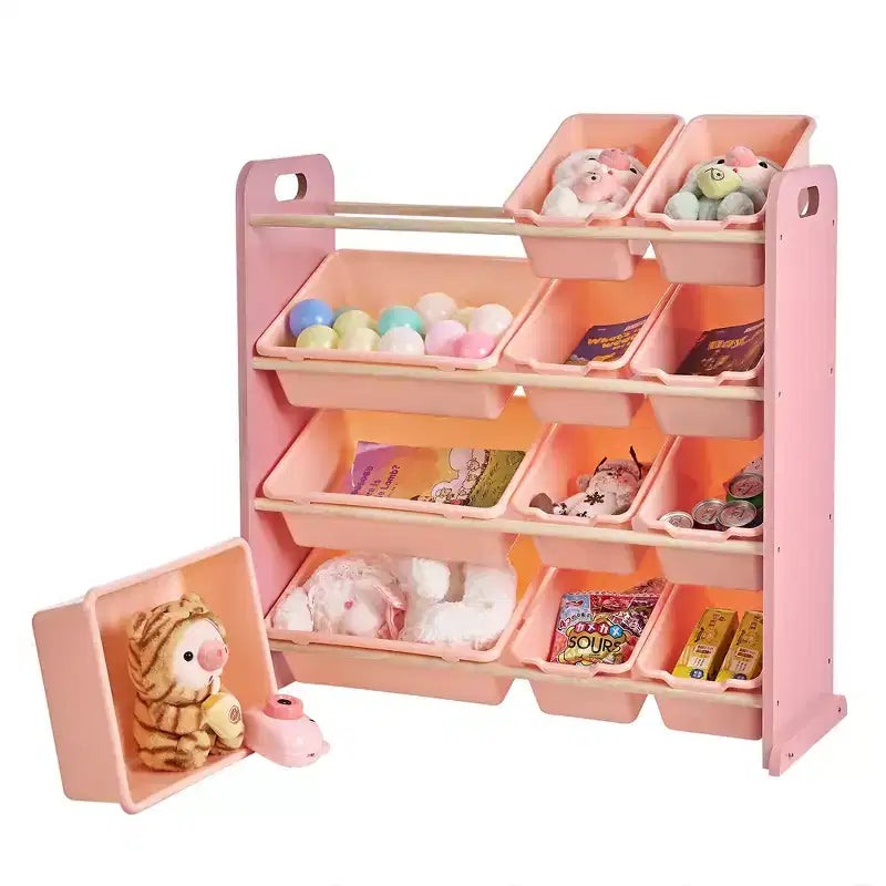 VECELO Kids Bookshelf Toy Storage with 12 Bins, Wooden Toy Rack for Toddlers, Large-Capacity Playroom Storage for Books or Toys