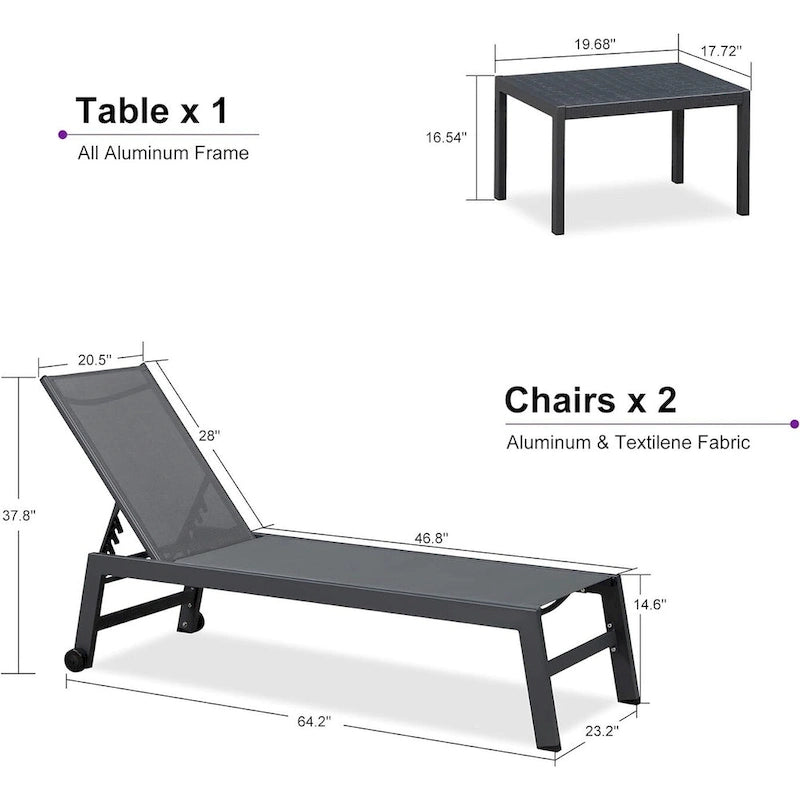 PURPLE LEAF Patio Chaise Lounge Set for 2 Outdoor Chaise Lounger Chair with Aluminum Frame