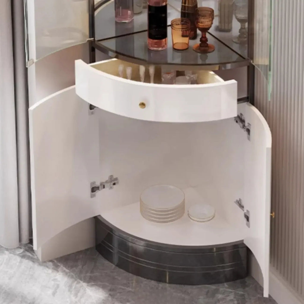 Multiple Levels Glass and Metal Shelf Storage Display Corner Wine Cabinet