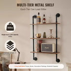 VEVOR Industrial Pipe Shelf, 3 Tier 24x7.87in, Wall-Mount Floating Rustic Wood Shelves Bracket Display Bookshelf, Storage Rack Sundries Holder,Black