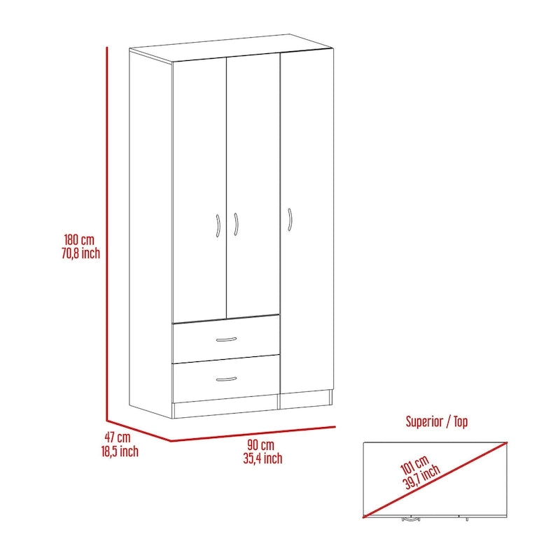 FM Furniture Eureka 3 Door Armoire with 2 Drawers, Inner Shelves, and Rod