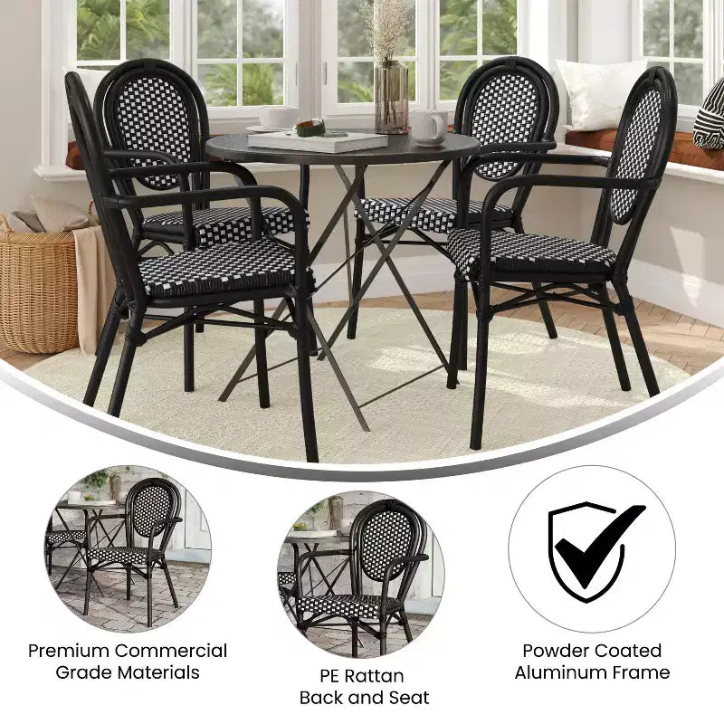 Flash Furniture 4 Pack Lourdes Indoor/Outdoor Commercial Thonet Bistro Stacking Chair with Arms, PE Rattan and Aluminum Frame