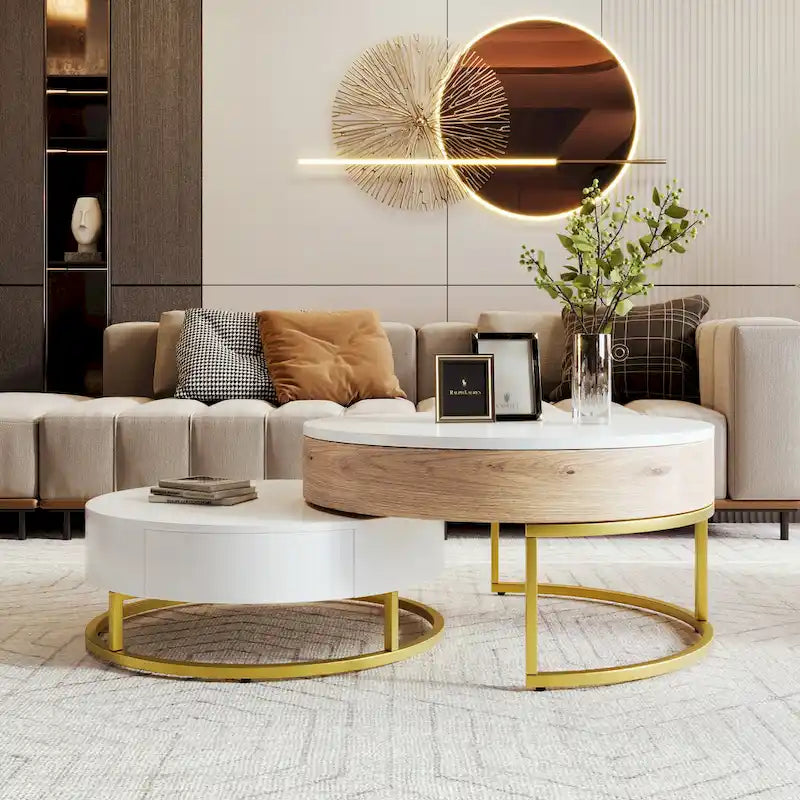 Modern Round Lift-top Nesting Coffee Tables with 2 Drawers