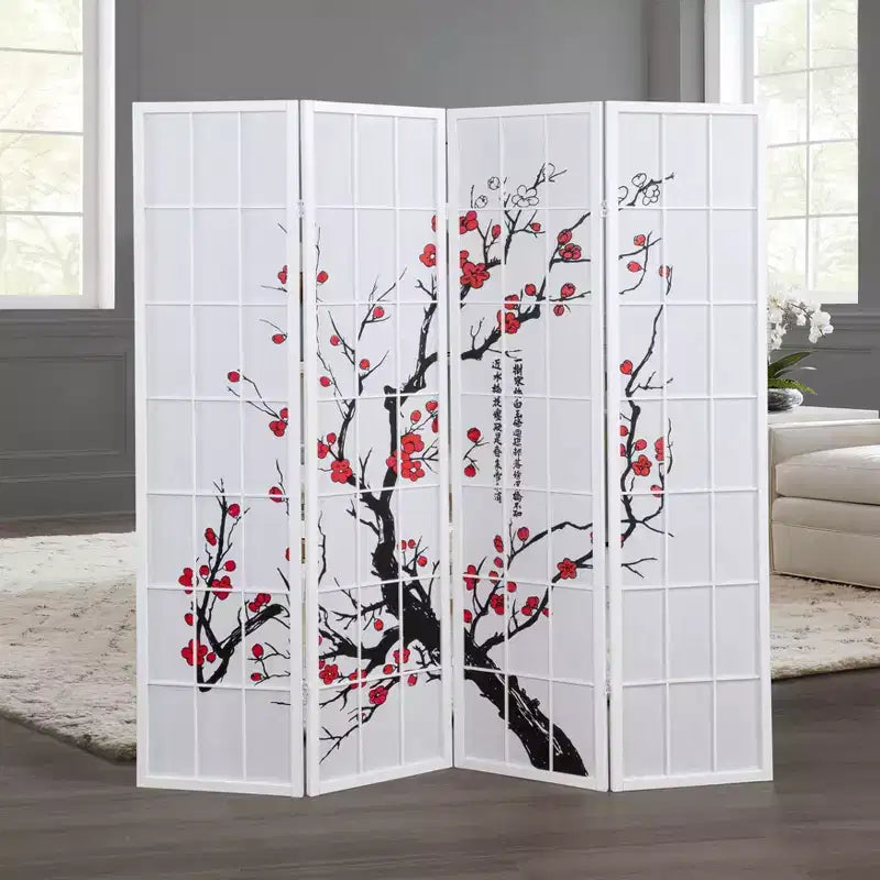 Roundhill Furniture Japanese 4-Panel Screen Room Divider, Plum Blossom