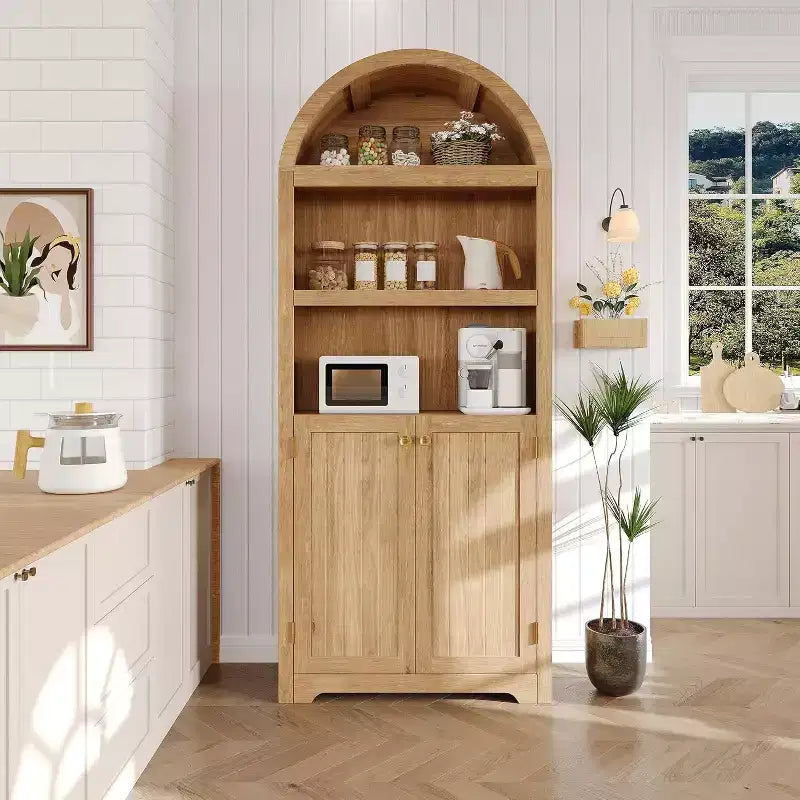 72 Tall Arched Cabinet, 5 Tier Arched Bookshelf with Double Doors & Adjustable Shelf, Wooden Bookcase with Storage for Home Office