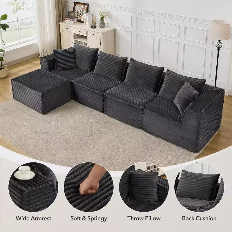107/ 137 Modular Sectional Cloud Couch,Deep Seat Boneless Couch,Convertible Comfy Floor Sofas with Ottomans and Memory Foam