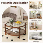 31 Round Coffee Table with Tempered Glass Top & Rattan Shelf