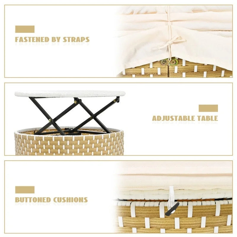 Round Outdoor Daybed Two-Tone Weave Sunbed with Retractable Canopy