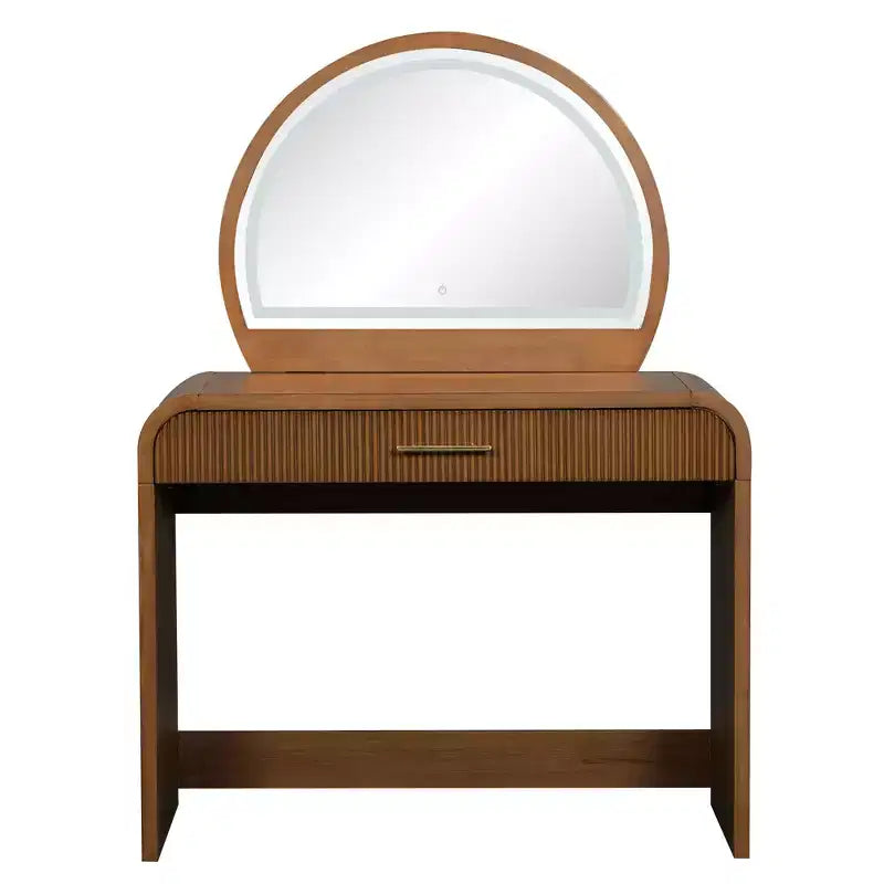 Makeup Vanity Table with Large Mirror and Touch Screen, Vanity Desk with Large Drawer and Arched Corner, Dressing Table for Bedroom