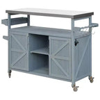 Okak Outdoor Kitchen Island with Stainless Steel Top, Wooden Kitchen Cart with Doors, Shelves and Spice Rack, Rolling Kitchen Island
