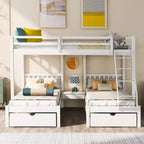 Full Over Twin & Twin Bunk Bed for 3, Wooden Triple Bunk Bed with 2 Storage Drawers, can be Divided into 3 Separate Beds