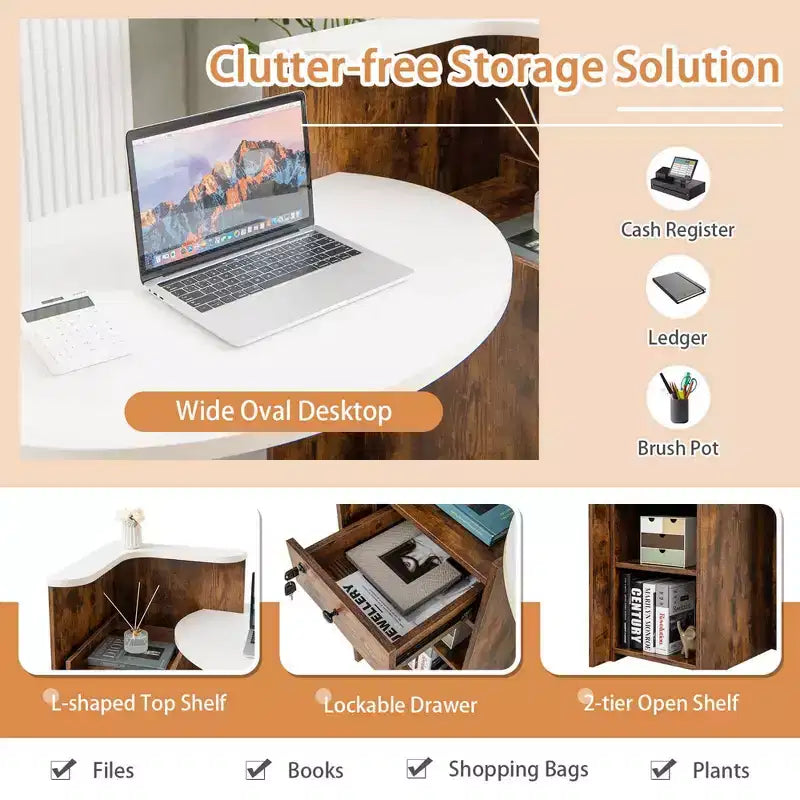 Costway Front Reception Counter Desk Checkout Office Desk with Open Shelf & Lockable Drawer White/Brown/Black