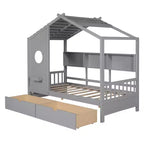 Whisen Twin Size House Bed & Kids Bed, Playhouse Bed with 2 Drawers, Storage Shelf