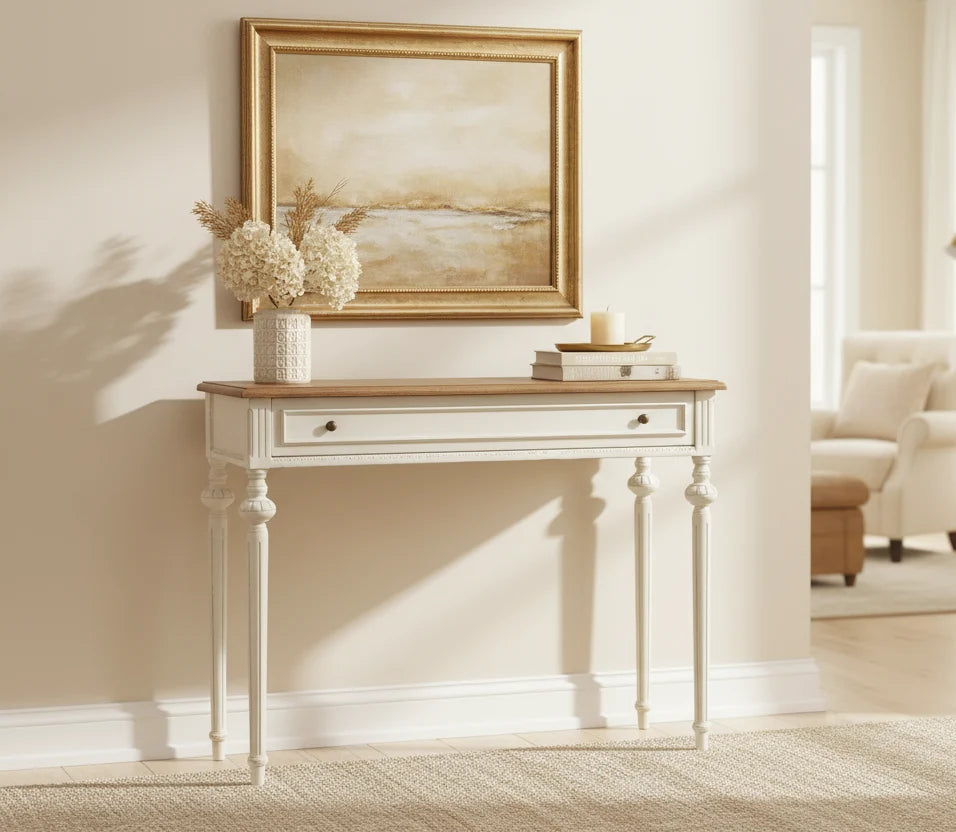White & Oak French Provincial Writing Desk, 1-Person, 1 Drawer